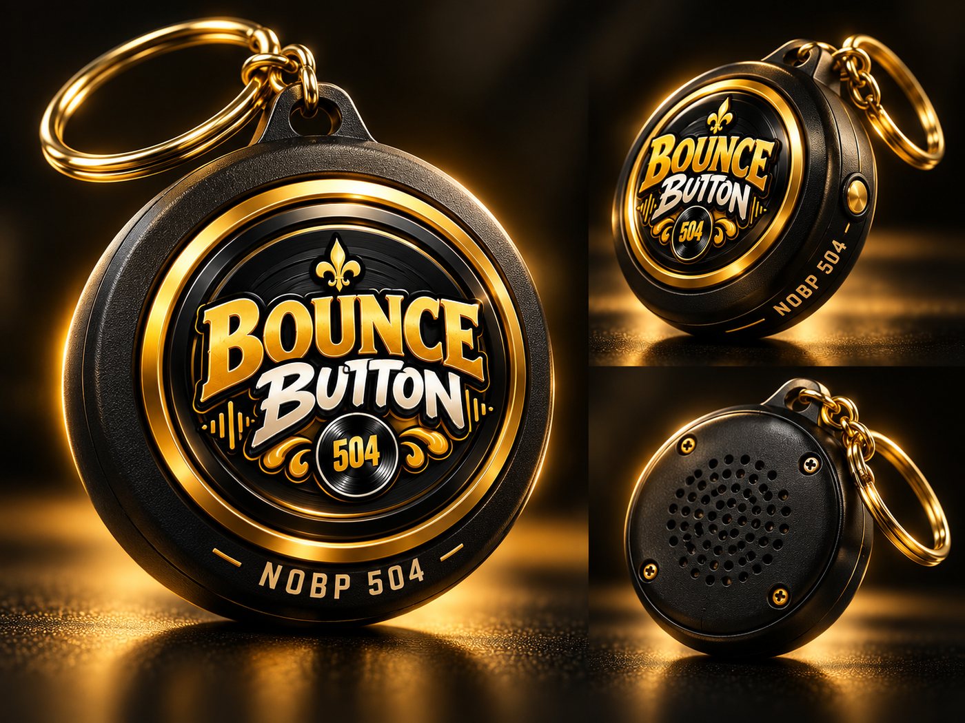 The Bounce Button keychain: a small round black and gold speaker on a gold keyring, shown from the front, the side and the back.